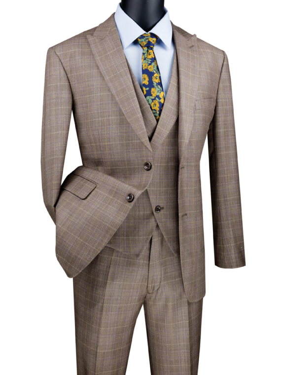 VINCI Men's Taupe Polka Dot 3pc 2 Button Ultra Slim Fit Suit w/ Trim NEW 