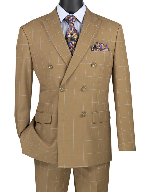 Men's Suit Single Breasted 2 Button 3 Piece Classic Fit Windowpane Tan V2RW-15