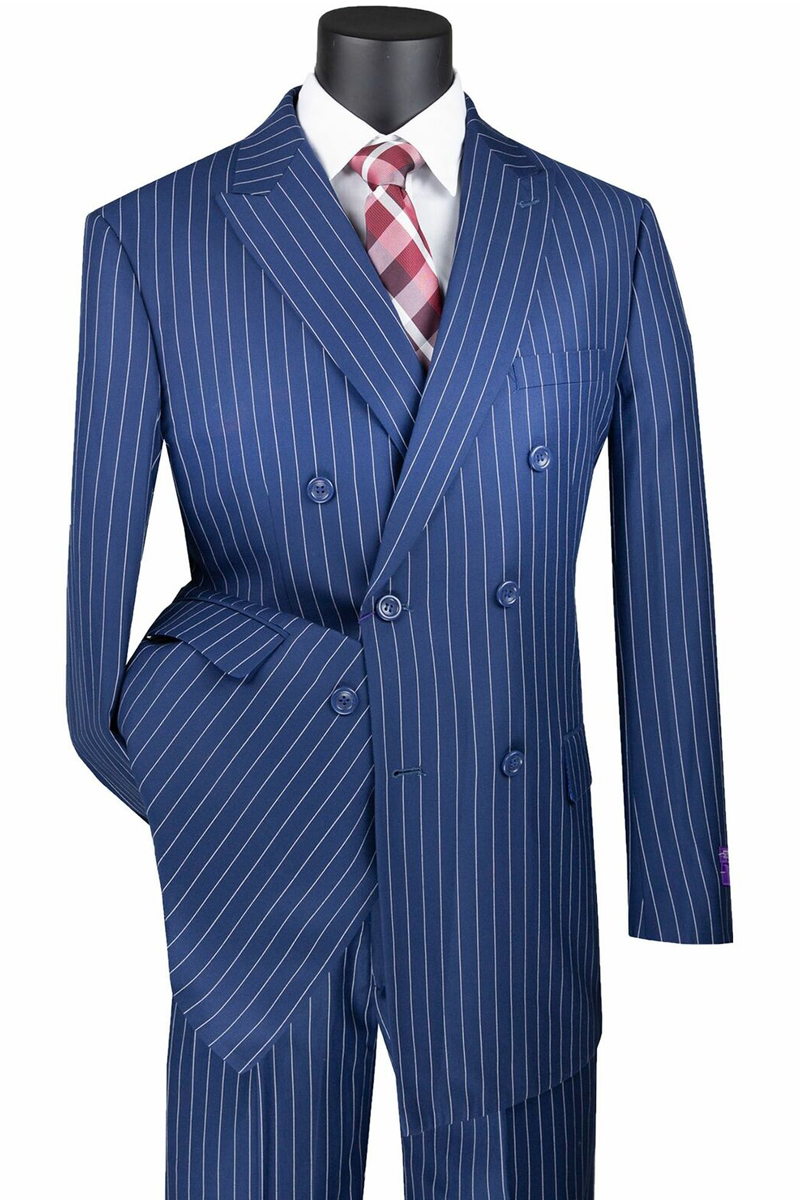 VINCI Men's Blue Gangster Stripe 3 Piece 2 Button Classic Fit Suit NEW 