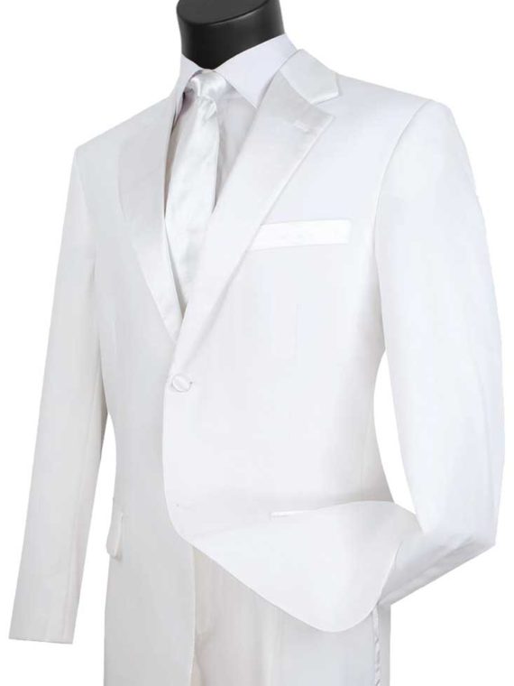 VINCI Men's Black One Button Slim Fit Tuxedo Suit w/ White Sateen Lapel NEW 