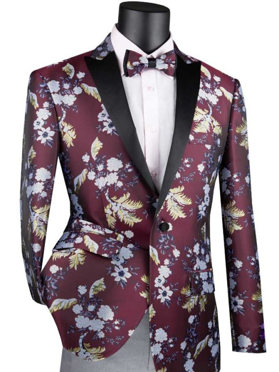 VINCI Men's Teal Blue Floral Pattern Two-Button Slim Fit Blazer w/ Bow Tie NEW 