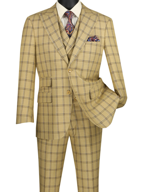 VINCI Mens Window Pane 2 Button Single Breasted Classic Fit Suit W/Vest V2RW-11