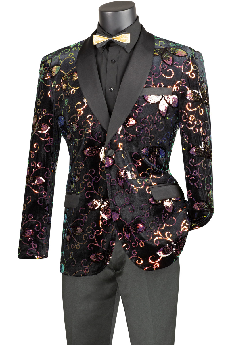 Slim Fit Velvet Jacket Shawl Sequin Floral Pattern Sport Coat for Men 2 ...